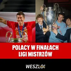 Robert Lewandowski z pucharem Ligi Mistrzów i drużyna z lat 80. z trofeum.