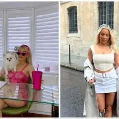 Madelene Wright w różowej koronkowej bieliźnie z pieskiem i na ulicy w białej spódniczce i topie.