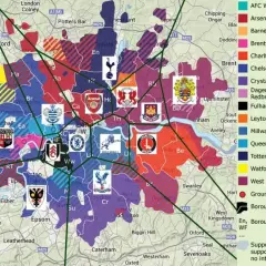 Mapa Londynu z zaznaczonymi strefami kibicowania. W centrum widoczni piłkarze Arsenalu, otoczeni przez inne kluby.