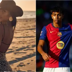 Lamine Yamal, młoda dziewczyna w kapeluszu kowbojskim na plaży i młody piłkarz w koszulce FC Barcelony.