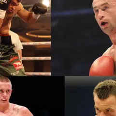Czterech znanych polskich bokserów w akcji. Widoczni są m.in. Mariusz Wach i Krzysztof Włodarczyk.