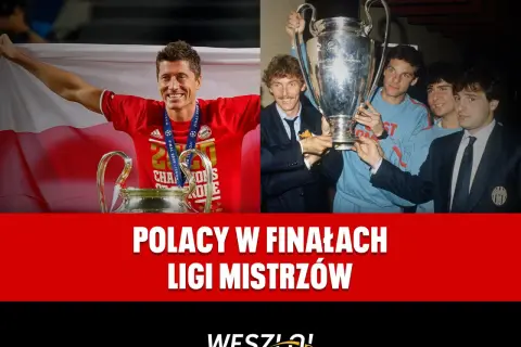 Robert Lewandowski z pucharem Ligi Mistrzów i drużyna z lat 80. z trofeum.