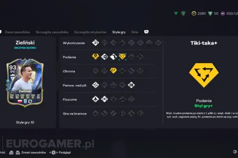Karta zawodnika Piotra Zielińskiego z atrybutami i stylem gry "Tiki-taka+", idealna do precyzyjnych podań.