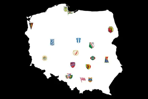 Mapa Polski z herbami klubów piłkarskich. Zobacz, kto awansował do ekstraklasy i gdzie grają te drużyny.
