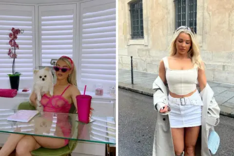 Madelene Wright w różowej koronkowej bieliźnie z pieskiem i na ulicy w białej spódniczce i topie.