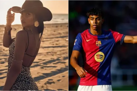 Lamine Yamal, młoda dziewczyna w kapeluszu kowbojskim na plaży i młody piłkarz w koszulce FC Barcelony.