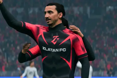 Piłkarz na e-sportowym boisku, Zlatan FC, świętuje zwycięstwo.