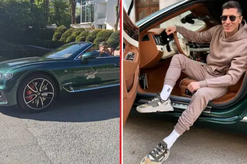 Robert Lewandowski w stylowym Bentleyu. Luksusowe samochody Lewandowskiego to jego pasja.