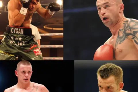 Czterech znanych polskich bokserów w akcji. Widoczni są m.in. Mariusz Wach i Krzysztof Włodarczyk.