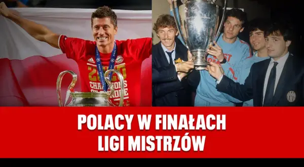 Robert Lewandowski z pucharem Ligi Mistrzów i drużyna z lat 80. z trofeum.