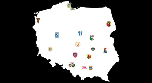 Mapa Polski z herbami klubów piłkarskich. Zobacz, kto awansował do ekstraklasy i gdzie grają te drużyny.