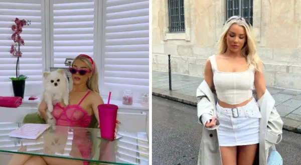 Madelene Wright w różowej koronkowej bieliźnie z pieskiem i na ulicy w białej spódniczce i topie.
