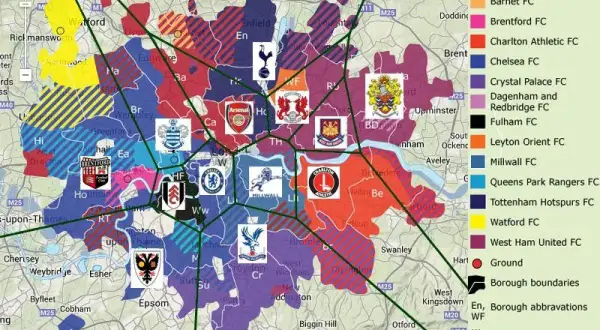 Mapa Londynu z zaznaczonymi strefami kibicowania. W centrum widoczni piłkarze Arsenalu, otoczeni przez inne kluby.