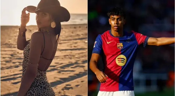 Lamine Yamal, młoda dziewczyna w kapeluszu kowbojskim na plaży i młody piłkarz w koszulce FC Barcelony.
