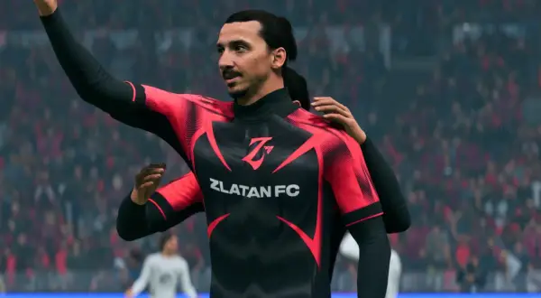 Piłkarz na e-sportowym boisku, Zlatan FC, świętuje zwycięstwo.