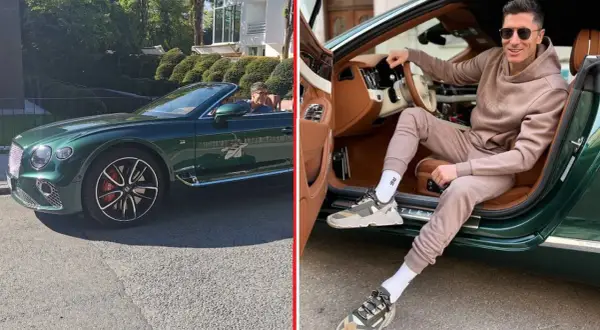 Robert Lewandowski w stylowym Bentleyu. Luksusowe samochody Lewandowskiego to jego pasja.