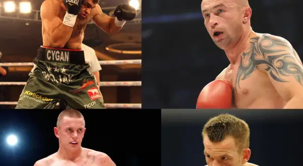 Czterech znanych polskich bokserów w akcji. Widoczni są m.in. Mariusz Wach i Krzysztof Włodarczyk.