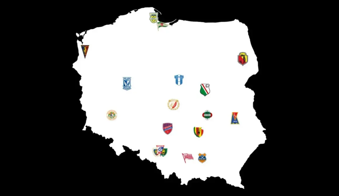 Mapa Polski z herbami klubów piłkarskich. Zobacz, kto awansował do ekstraklasy i gdzie grają te drużyny.