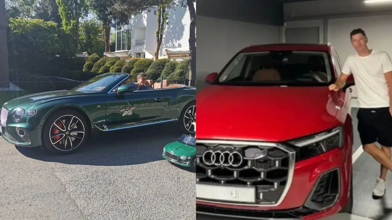 Lewandowski w zielonym kabrioletcie i obok czerwonego Audi. Kolekcja samochodów Lewandowskiego robi wrażenie.
