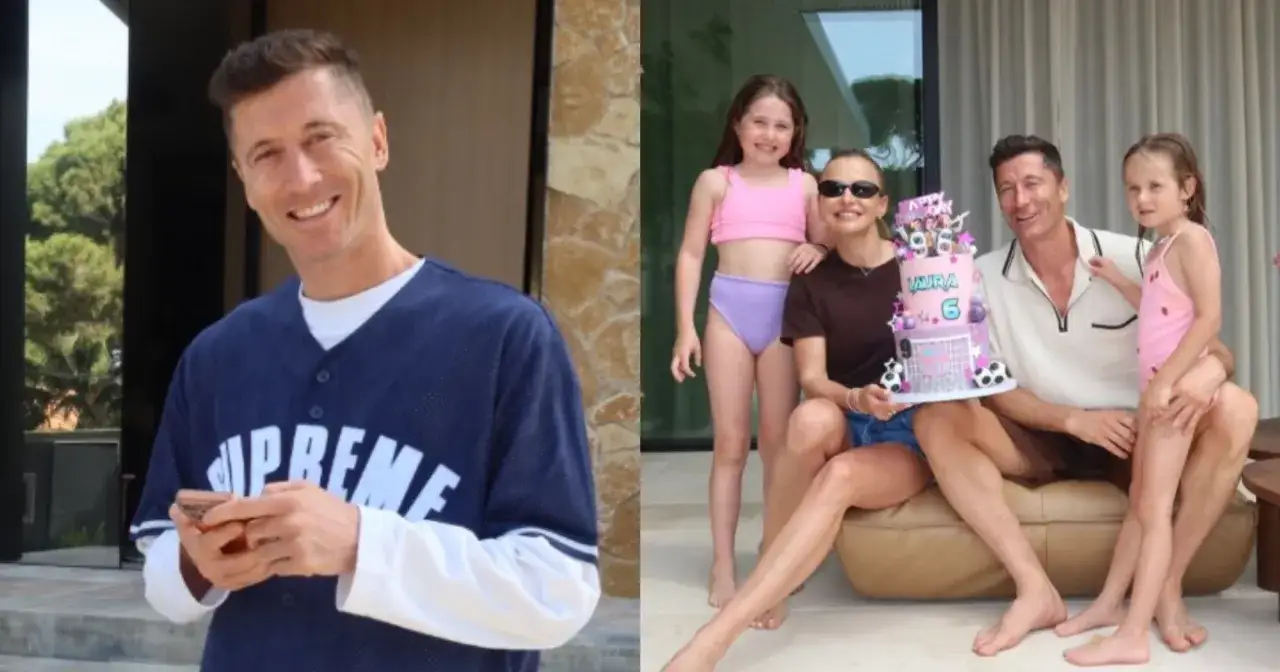 Robert Lewandowski z rodziną świętuje urodziny córek. Na zdjęciu widać piłkarza z żoną i dwiema córkami przy torcie.