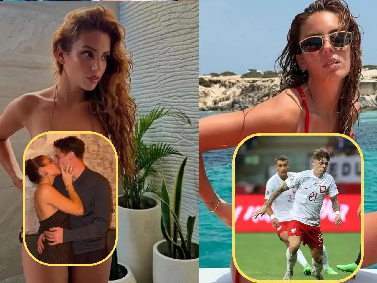 Dziewczyna Zalewskiego, modelka w bikini, całuje się z partnerem i kibicuje piłkarzowi na boisku.