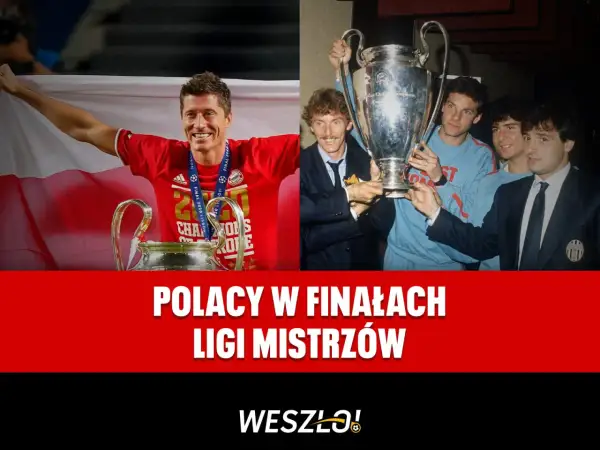 Robert Lewandowski z pucharem Ligi Mistrzów i drużyna z lat 80. z trofeum.