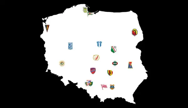 Mapa Polski z herbami klubów piłkarskich. Zobacz, kto awansował do ekstraklasy i gdzie grają te drużyny.